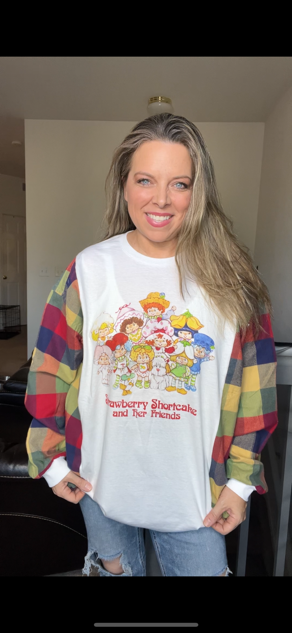 Upcycled Strawberry shortcake – women’s 2X long, thin T-shirt, with flannel sleeves