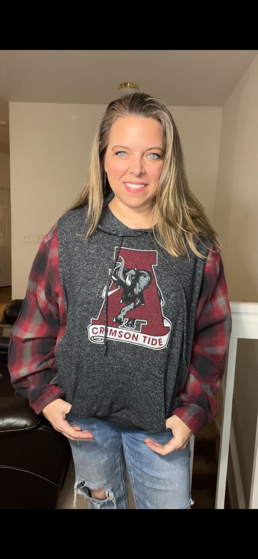 Upcycled Alabama – women’s small/medium thin stretchy sweatshirt with flannel sleeves
