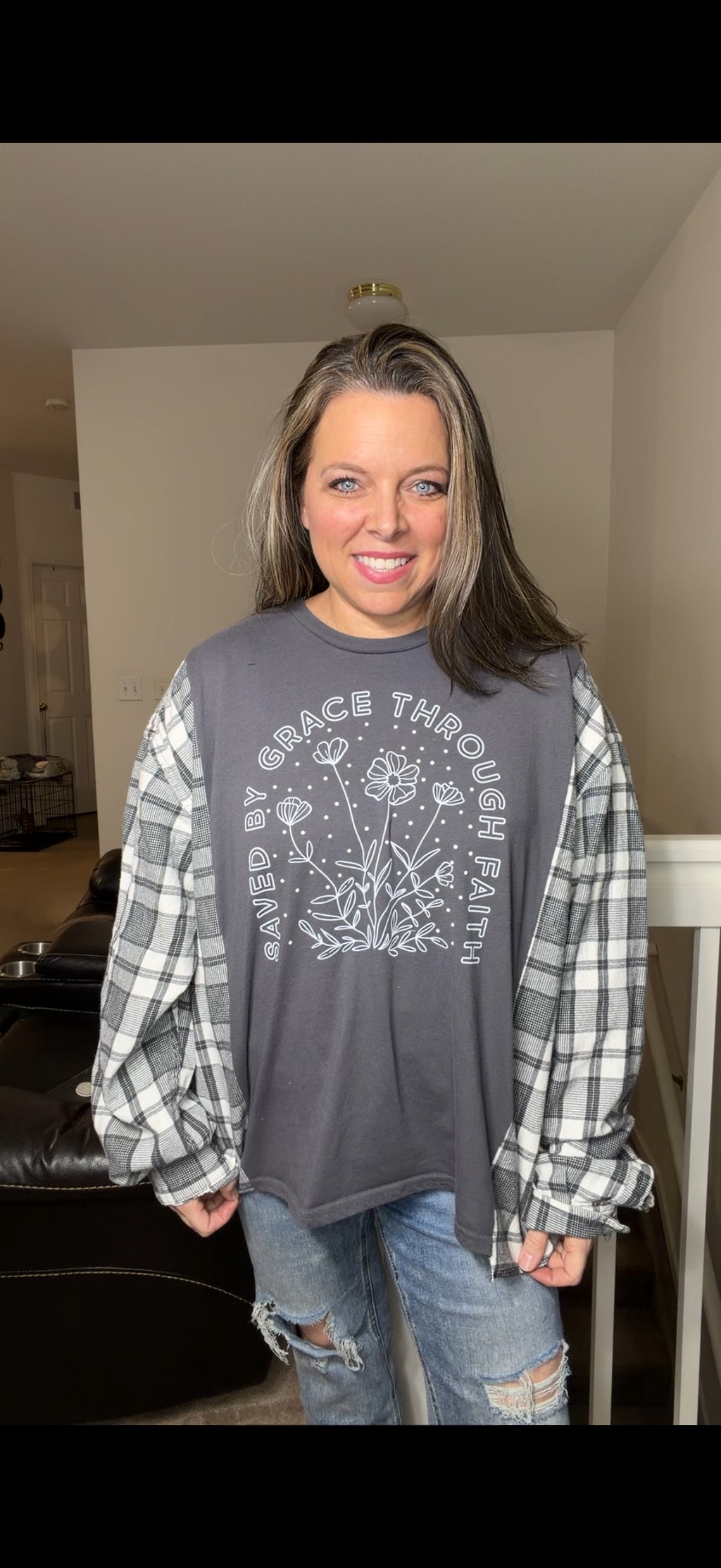 Upcycled Grace - women's 1X/2X T-shirt with flannel sleeves