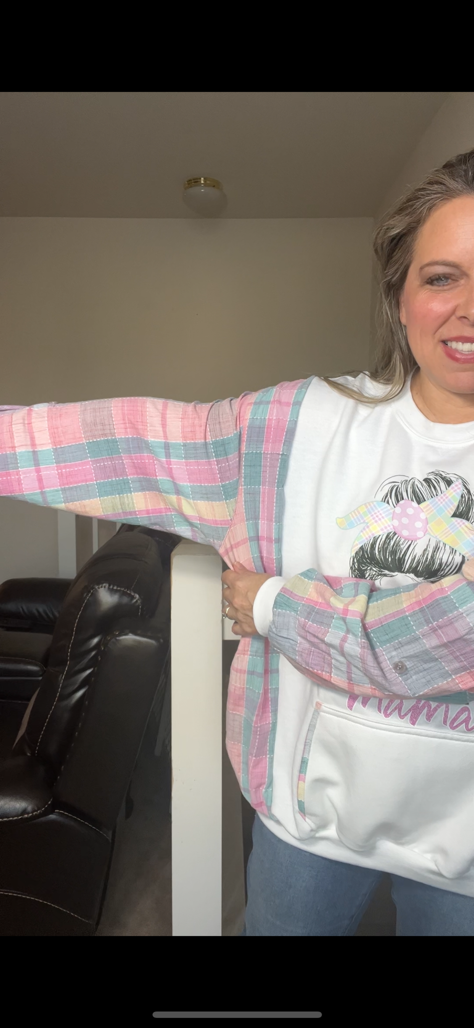 Upcycled Mama – women’s 2X/3X midweight sweatshirt with flannel sleeves