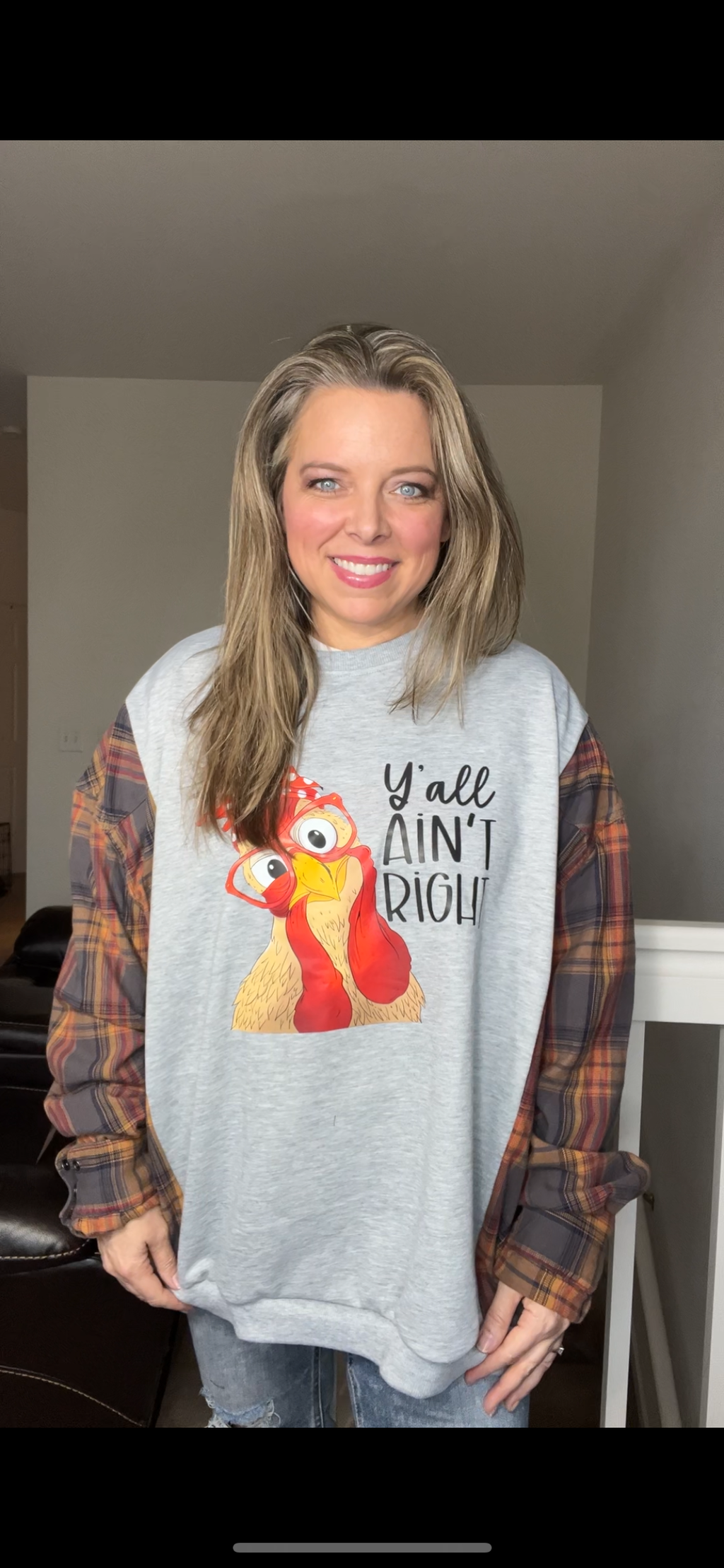 Upcycled Chicken – women’s 2X/3X – midweight sweatshirt with flannel sleeves ￼