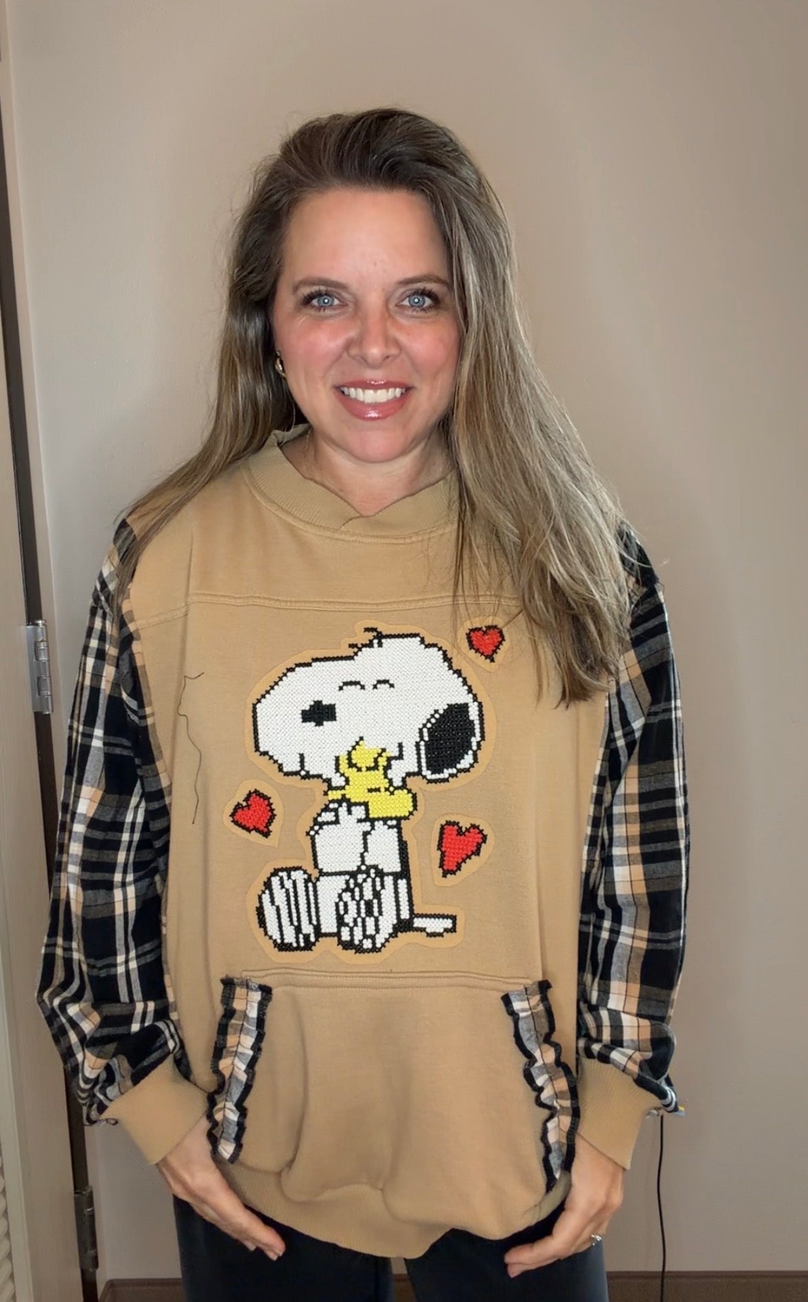 Upcycled Snoopy - woman's 1X - midweight sweatshirt with flannel sleeves