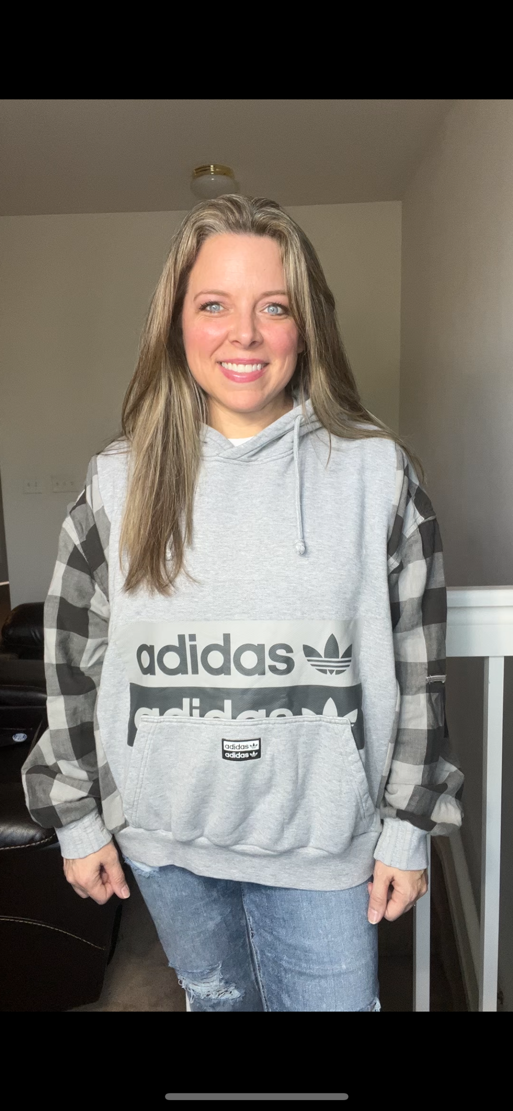 Upcycled Adidas – woman’s M/L – French Terry sweatshirt with flannel sleeves – wide but shorter ￼