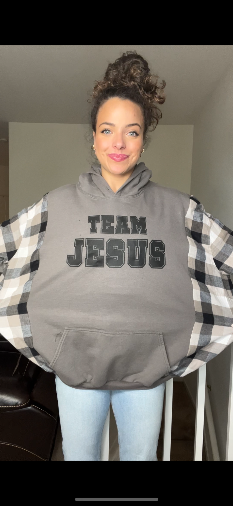 Upcycled Jesus – women’s 2X – midweight sweatshirt with flannel sleeves ￼