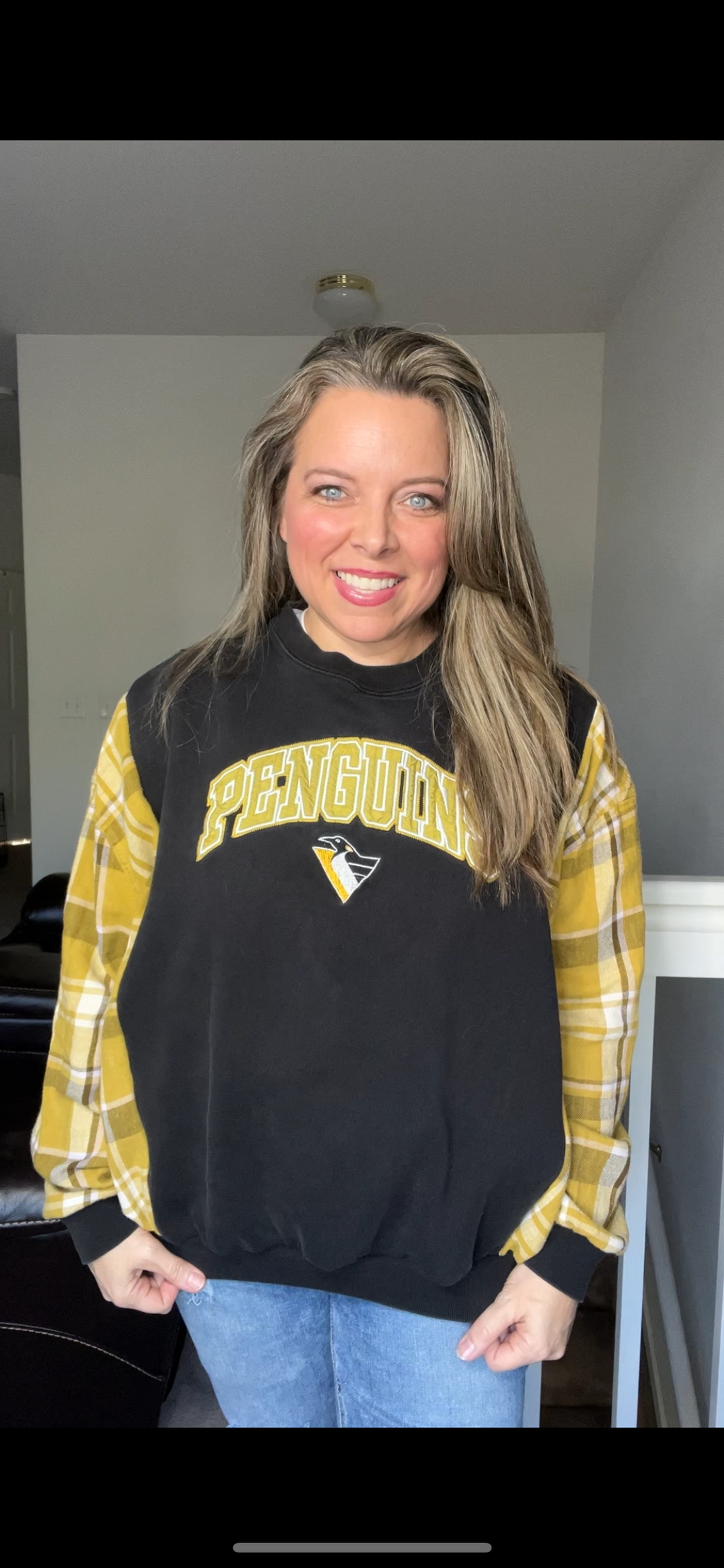 Upcycled Penguins – women’s medium – midweight sweatshirt with flannel sleeves