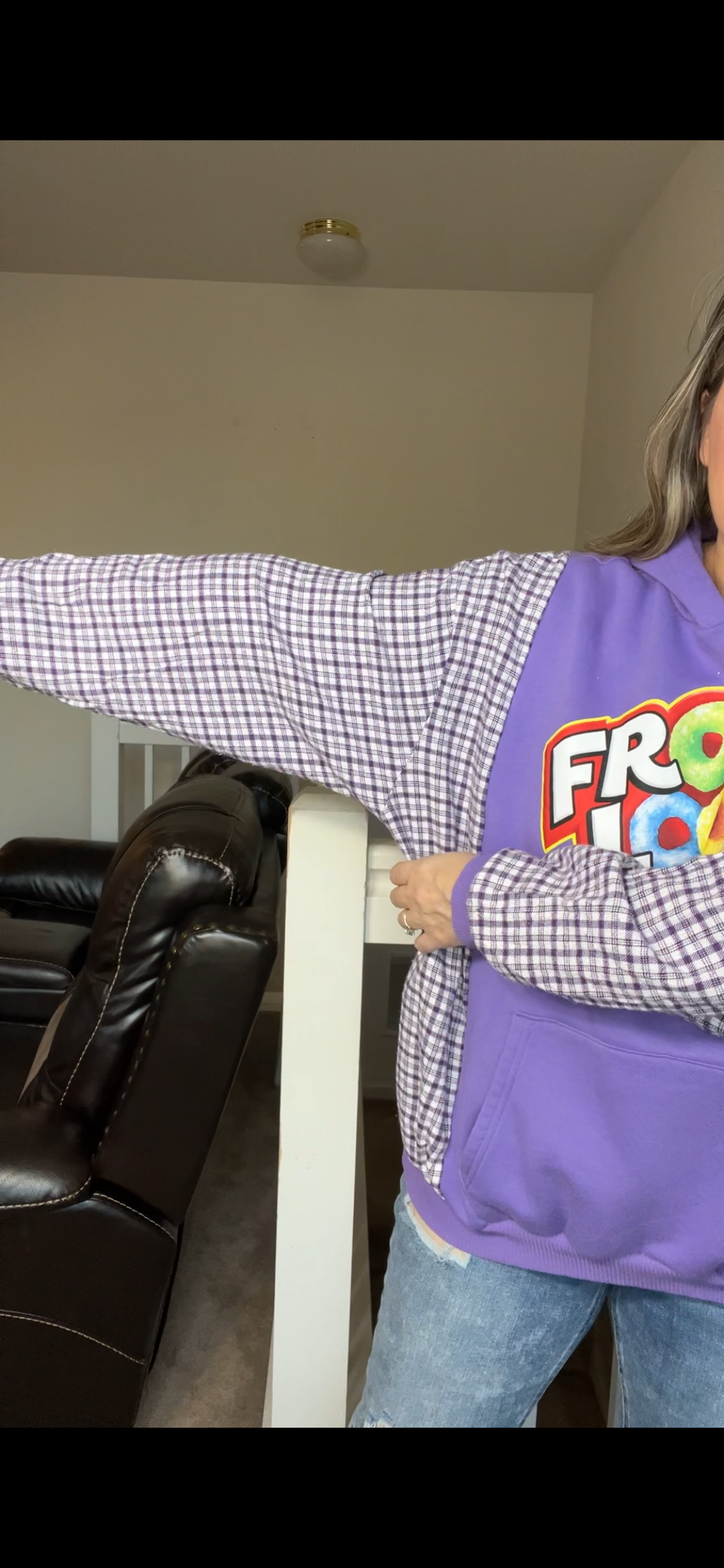 Upcycled Froot Loops – women’s large/XL – midweight sweatshirt with flannel sleeves