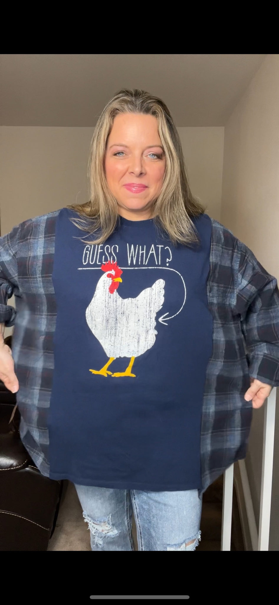 Upcycled Chicken - women’s 2X – tshirt with the flannel sleeves￼