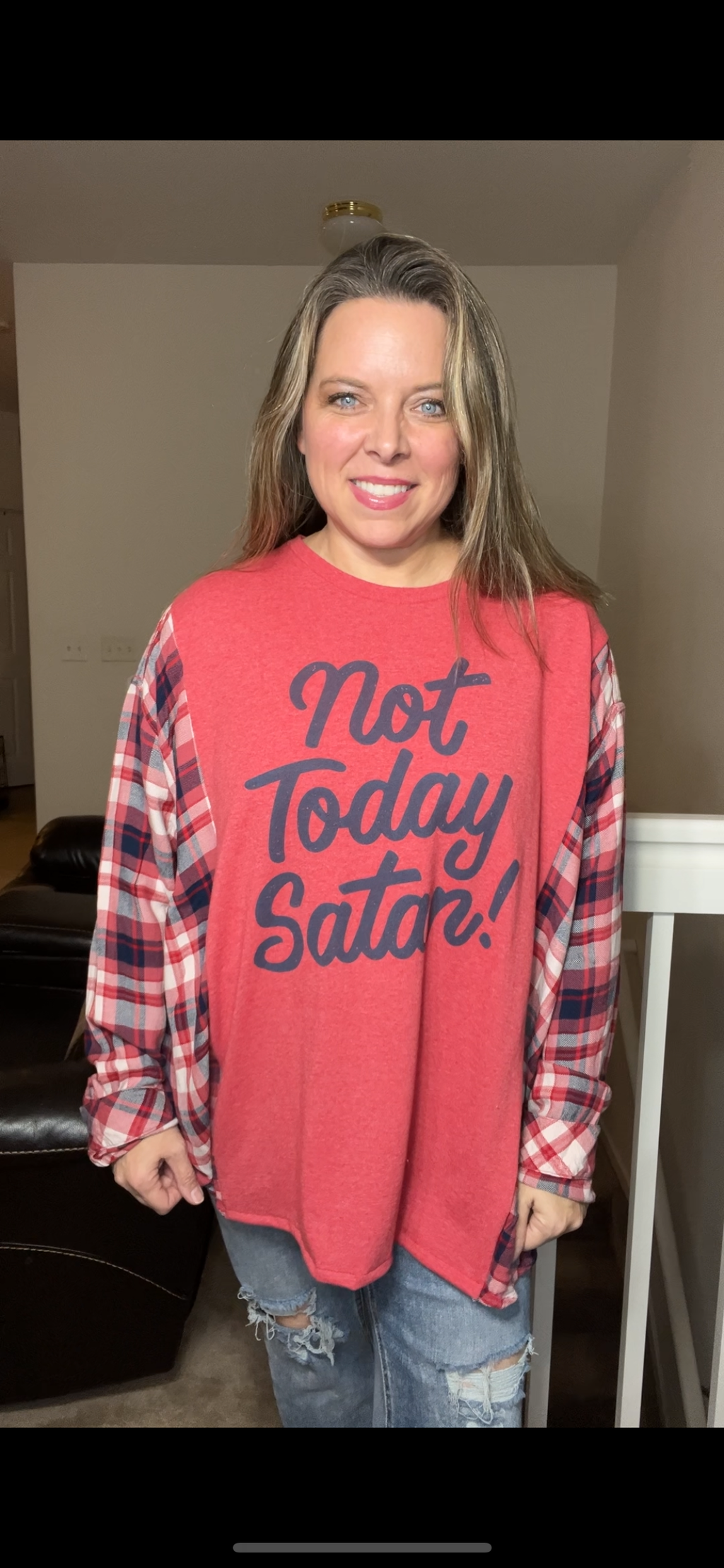 Upcycled Not Today Satan – women’s 3X/4X – T-shirt with soft flannel sleeves￼