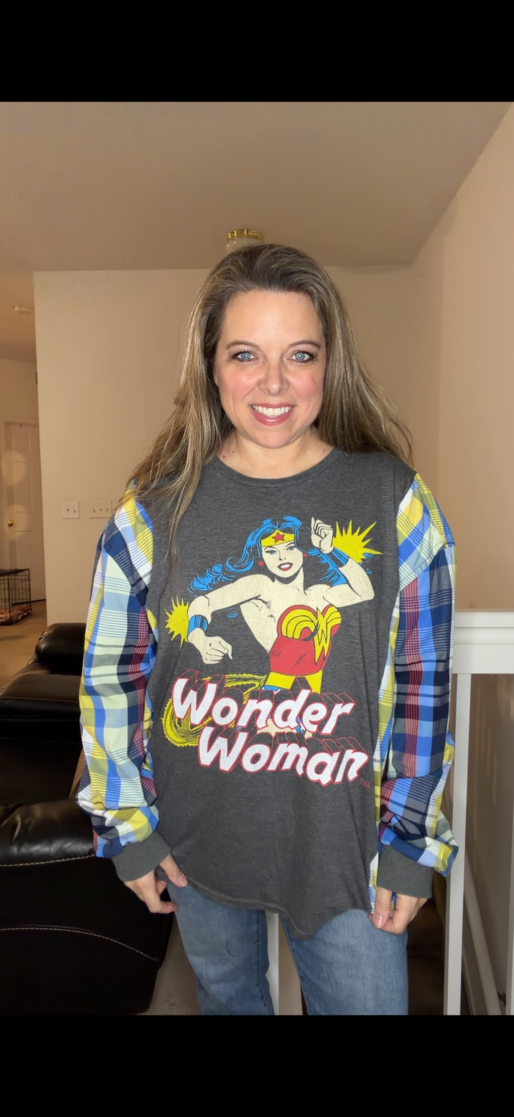 Upcycled Wonder Woman - women's 2X T-shirt with cotton sleeves ￼