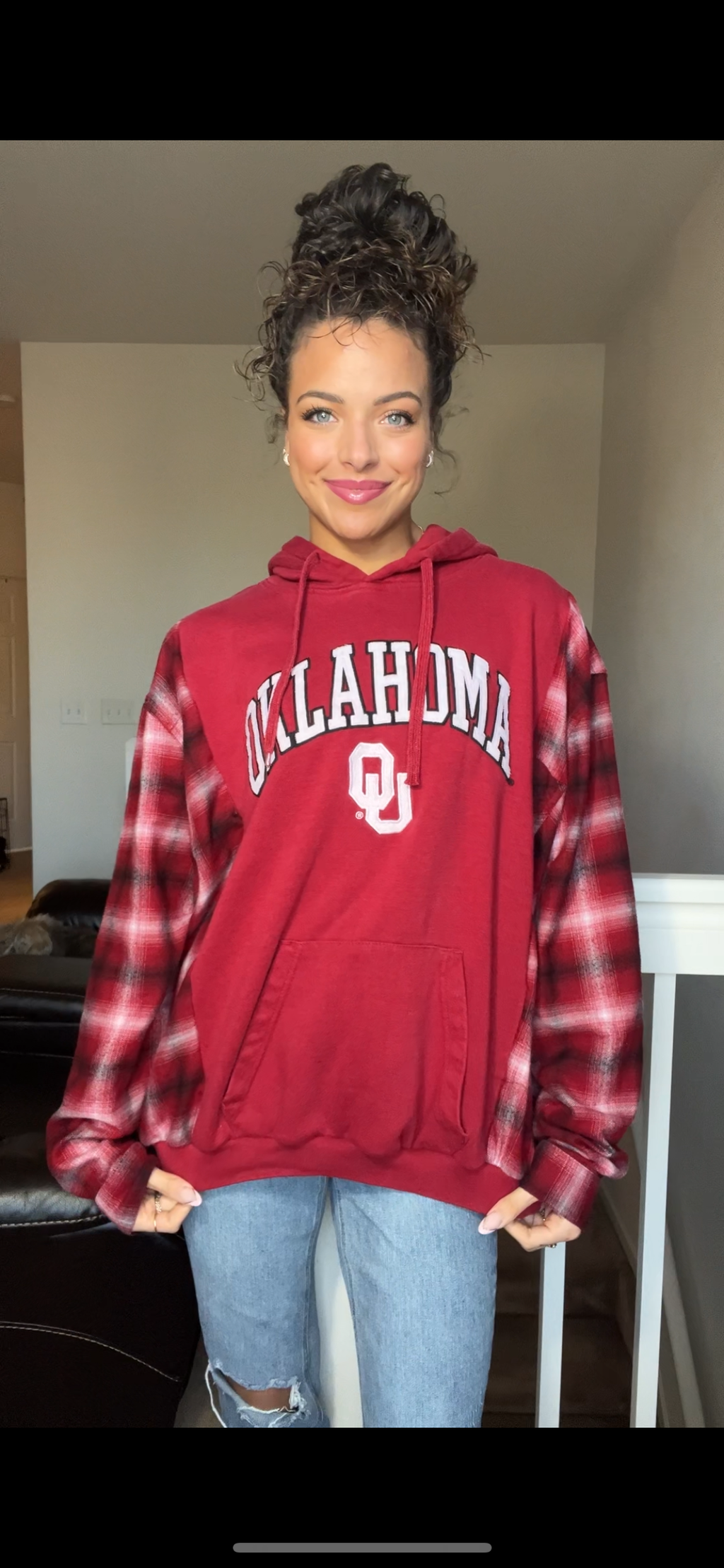 Upcycled Oklahoma – women’s 2X – midweight sweatshirt with flannel sleeves￼