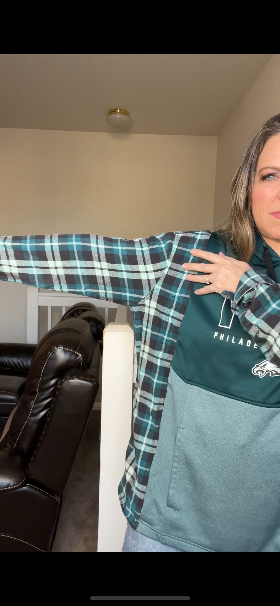 Upcycled Eagles – women’s 2X long – midweight sweatshirt with flannel sleeves – sleeves more narrow