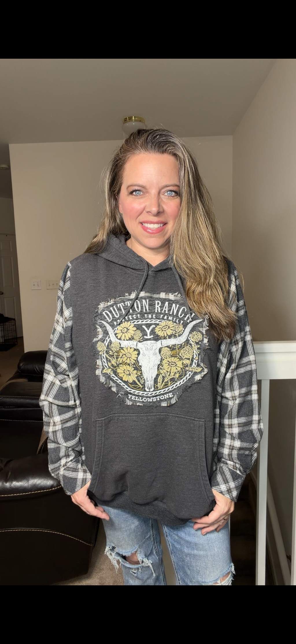 Upcycled Dutton Ranch - women's 2X midweight sweatshirt with flannel sleeves
