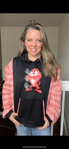 Upcycled Taz- Women’s 2X midweight sweatshirt with flannel sleeves