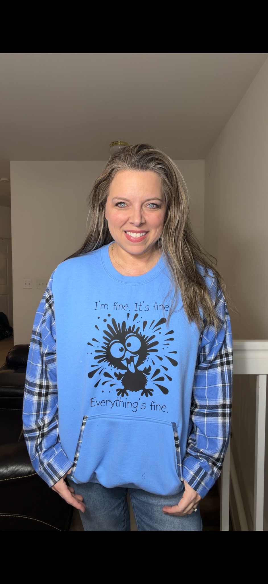 Upcycled I'm Fine - women's 1X midweight sweatshirt with flannel sleeves