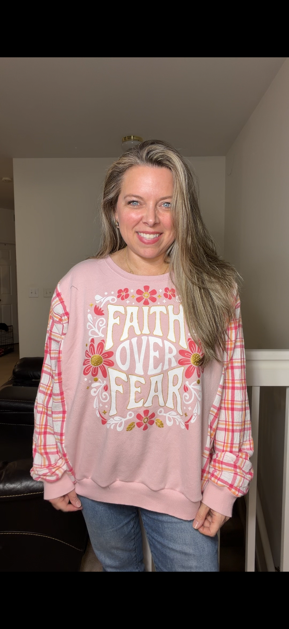 Upcycled Faith over Fear - women's 1X/2X midweight sweatshirt with thin cotton sleeves