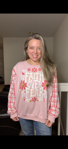 Upcycled Faith over Fear - women's 1X/2X midweight sweatshirt with thin cotton sleeves