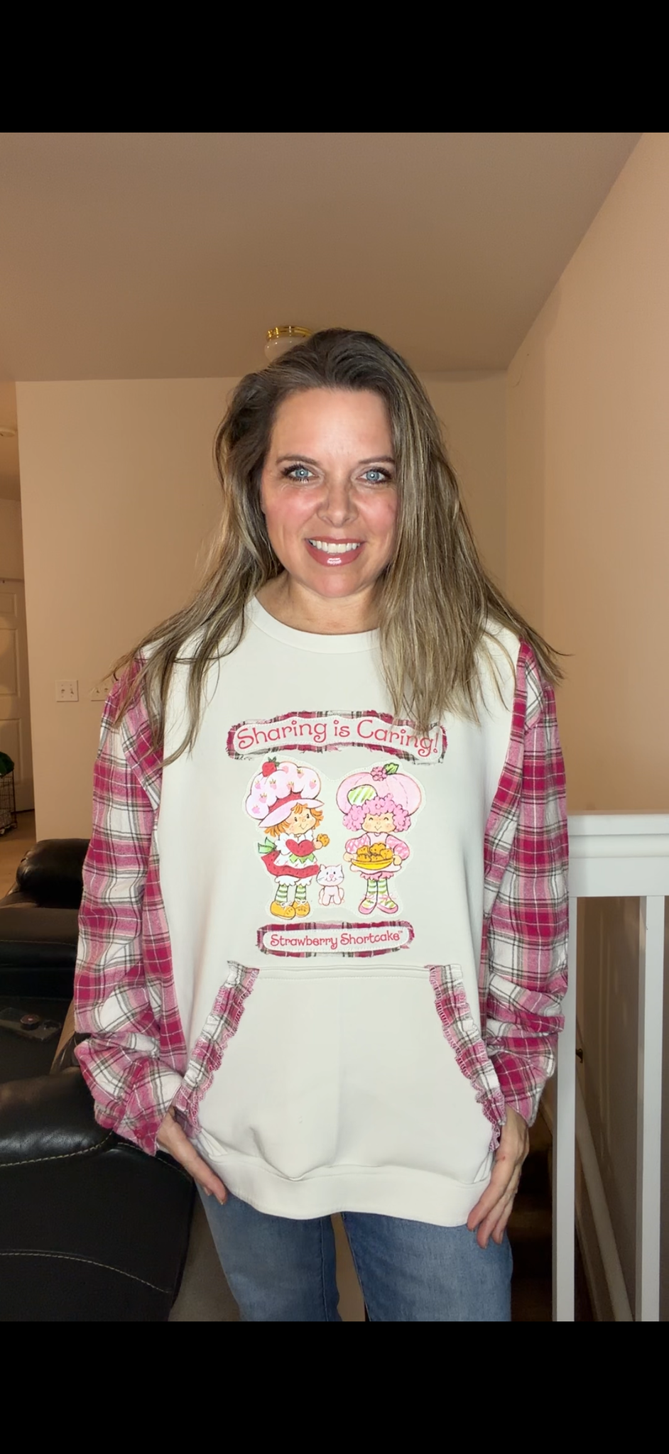 Upcycled Strawberry Shortcake- women's 2X midweight sweatshirt with flannel sleeves