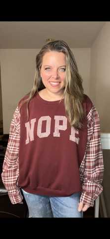 Upcycled Nope – women’s 1X thin sweatshirt with flannel sleeves