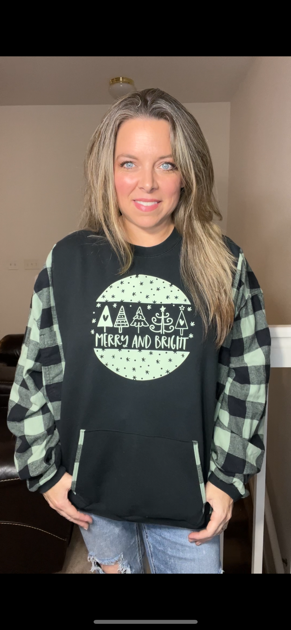 Upcycled Merry and Bright – women’s 1X/2X – midweight sweatshirt with flannel sleeves