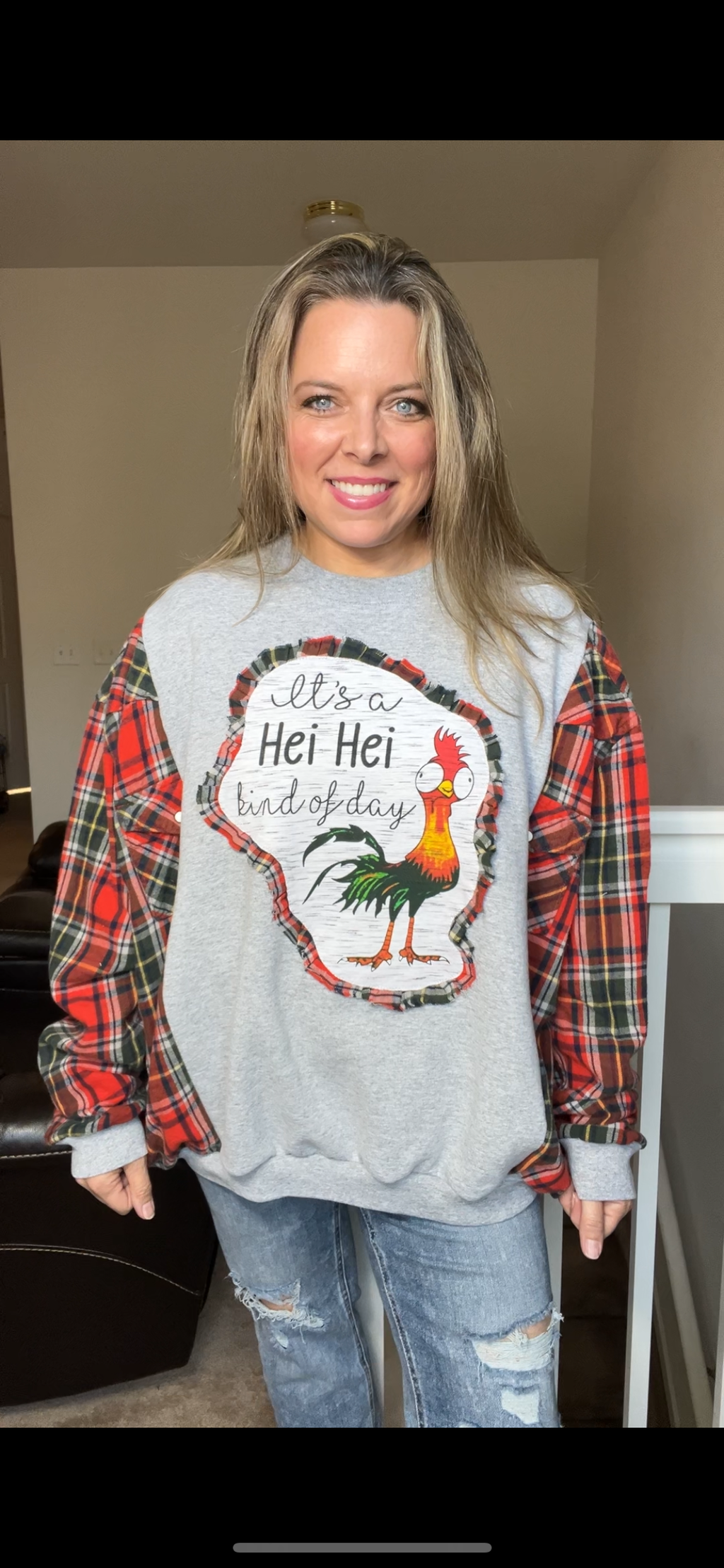 Upcycled ￼Hei Hei - Women’s 1X – midweight sweatshirt with flannel sleeves￼