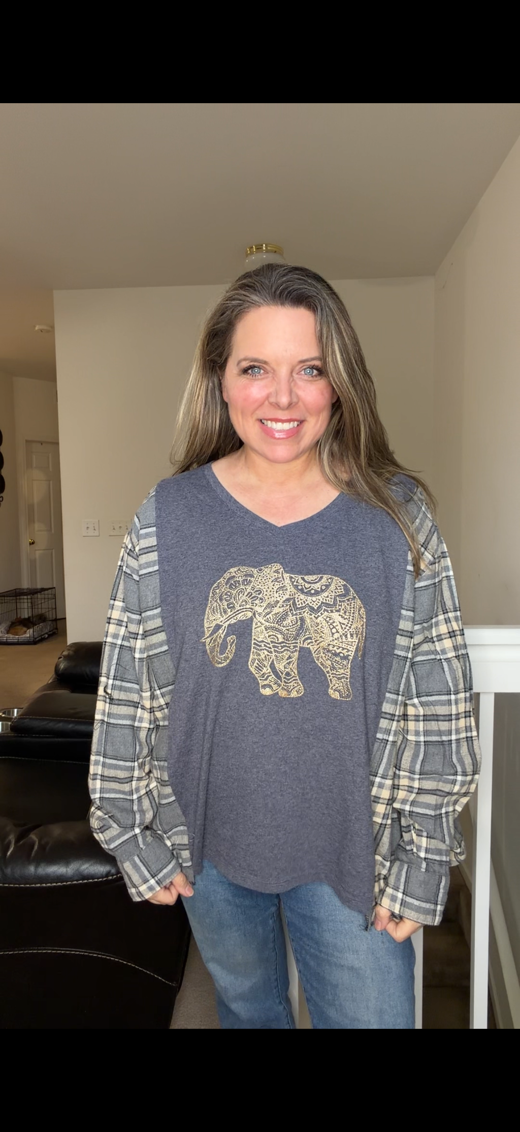 Upcycled Elephant- women's XL T-shirt with flannel sleeves