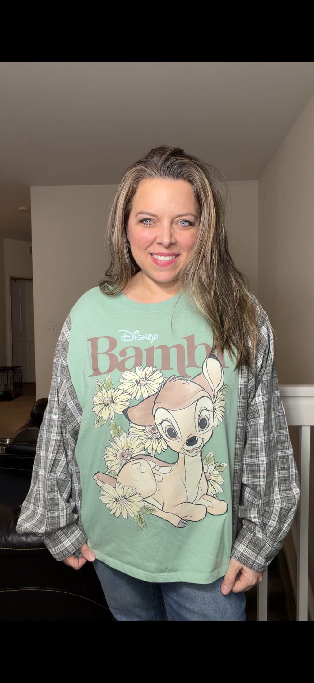 Upcycled Bambi - women's 1X T-shirt with flannel sleeves