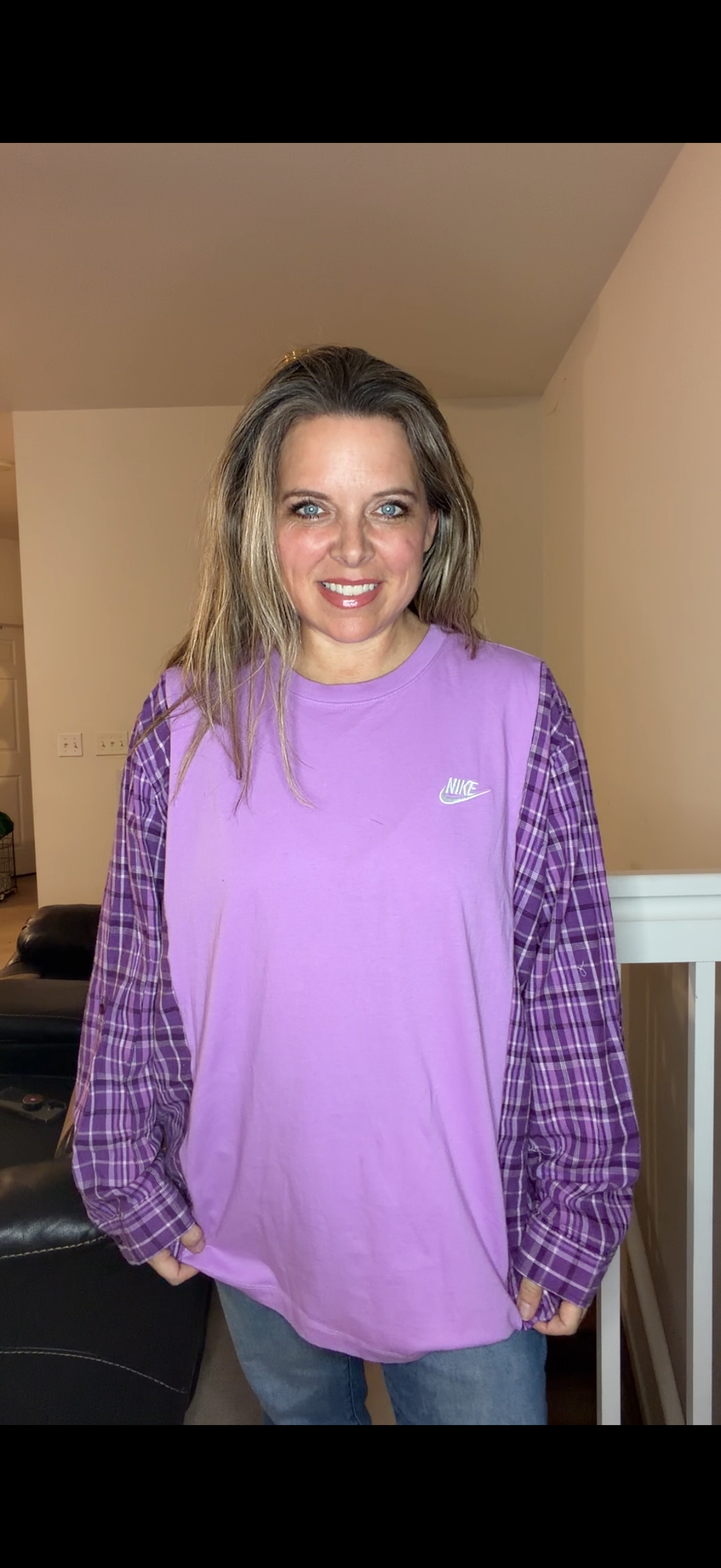 Upcycled Nike - women's 2X T-shirt with flannel sleeves