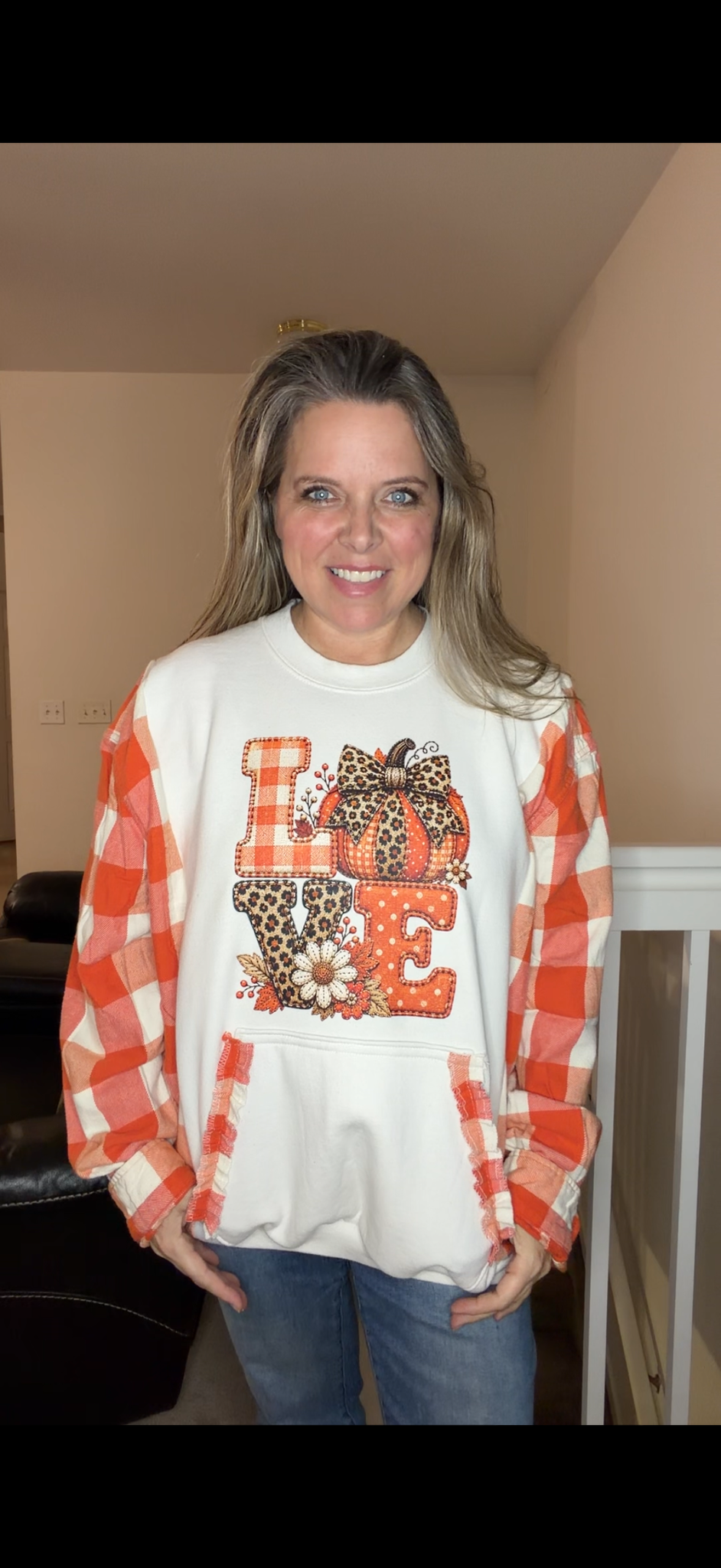 Upcycled LOVE Fall - women's 2X midweight Sweatshirt with flannel sleeves
