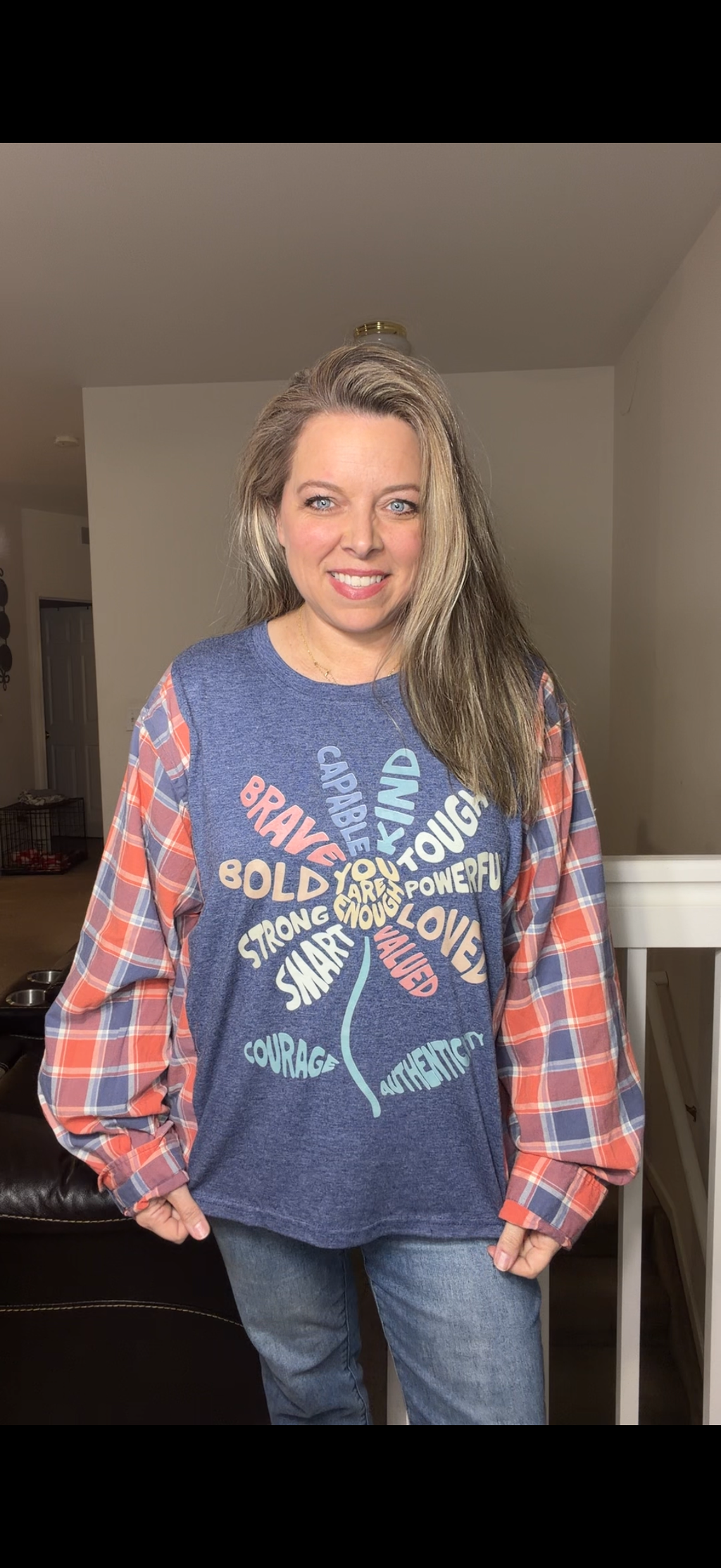 Upcycled Flower - women's 2X T-shirt with flannel sleeves