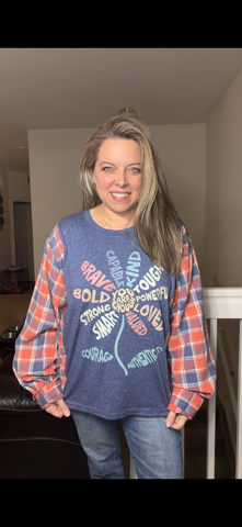 Upcycled Flower - women's 2X T-shirt with flannel sleeves