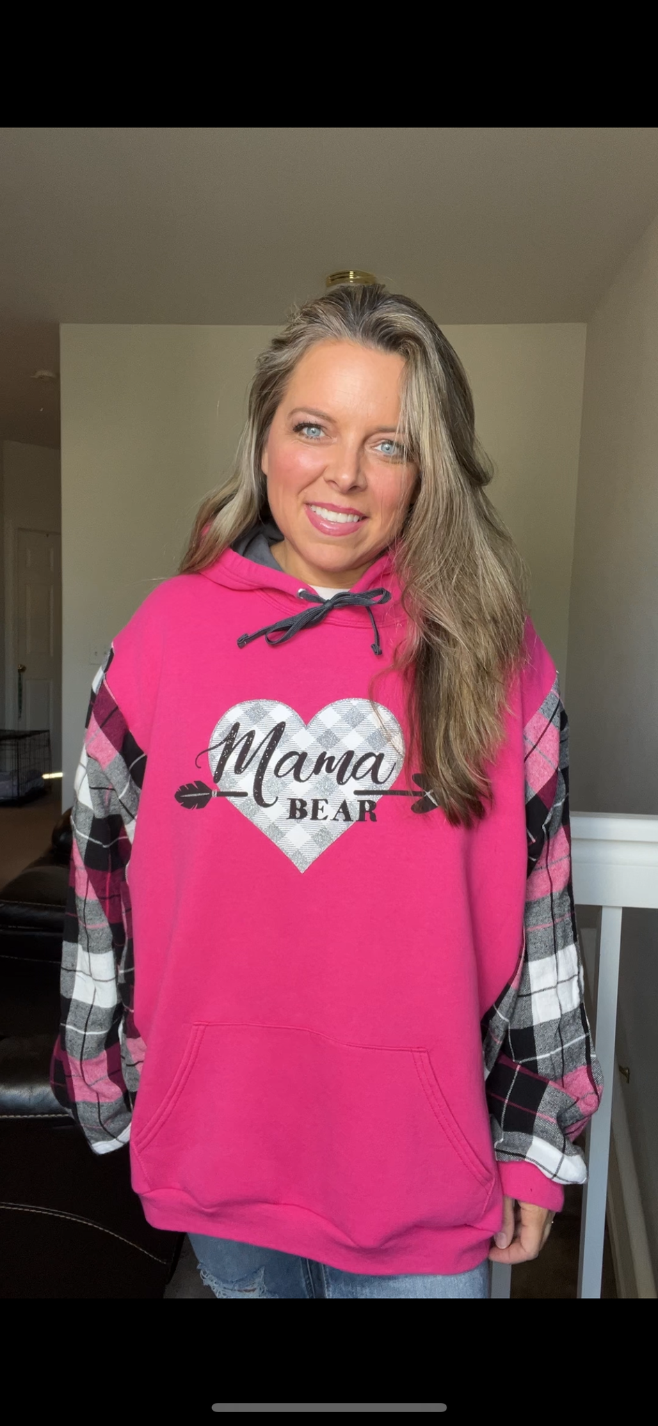 Upcycled Mama Bear – women’s 2X – midweight sweatshirt with flannel sleeves￼