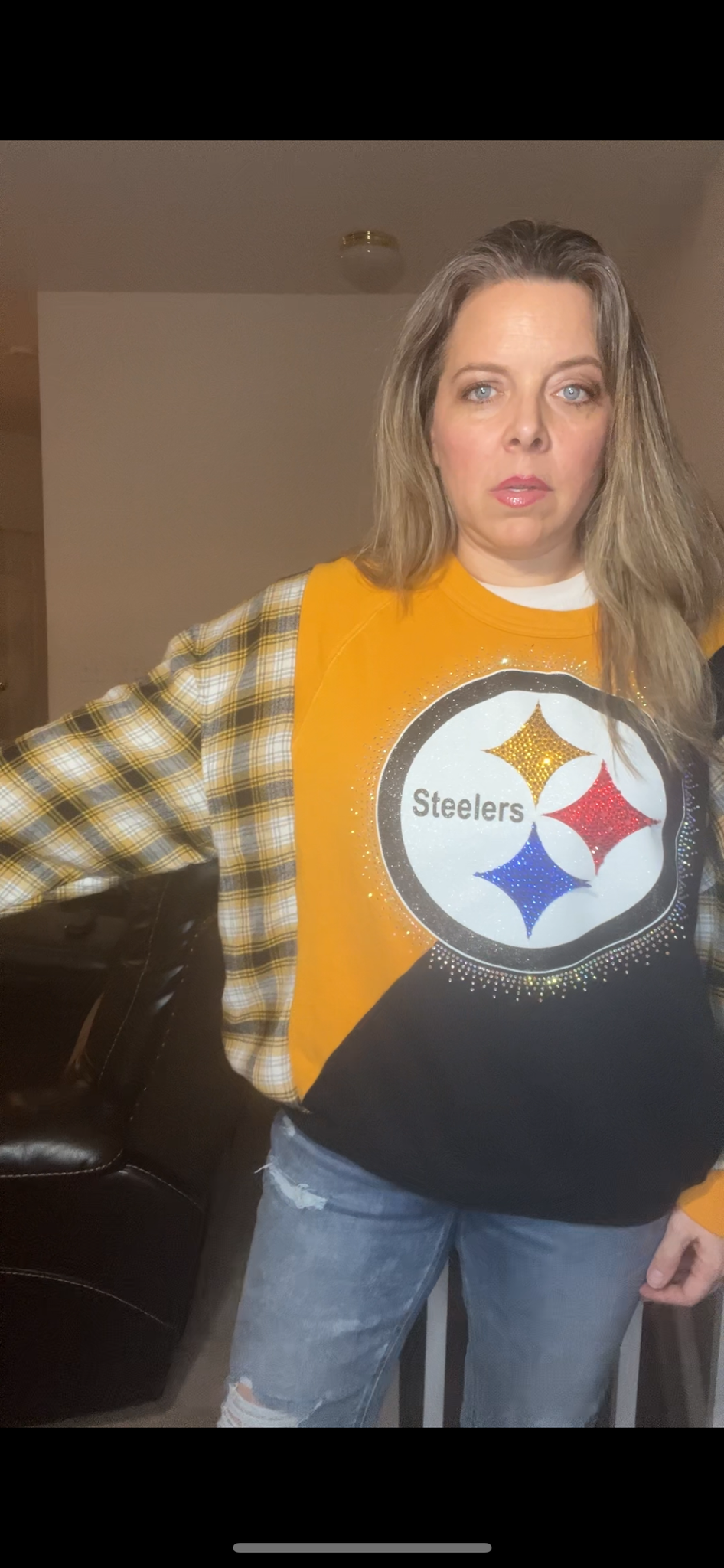 Upcycled Steelers - women’s medium - midweight sweatshirt with flannel sleeves