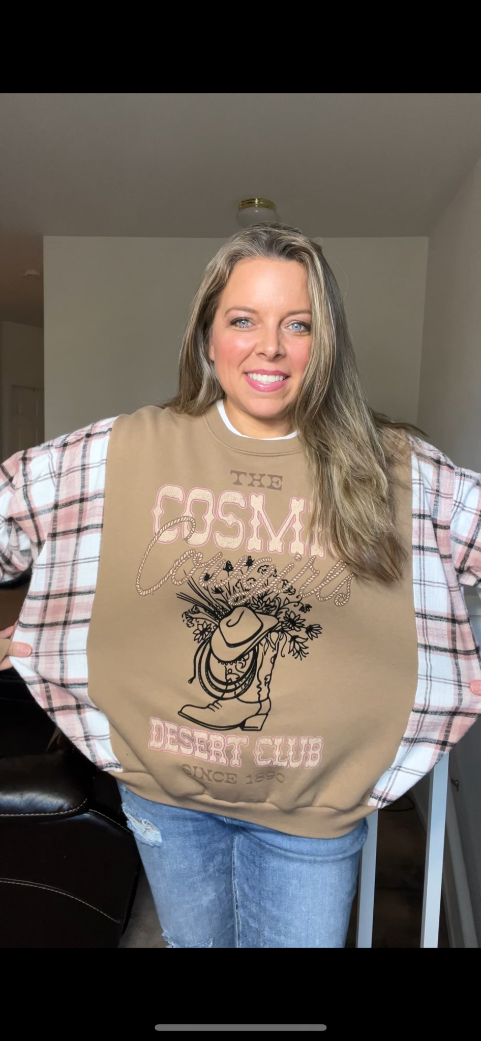 Upcycled Cowgirl – women’s large – midweight sweatshirt with flannel sleeves￼