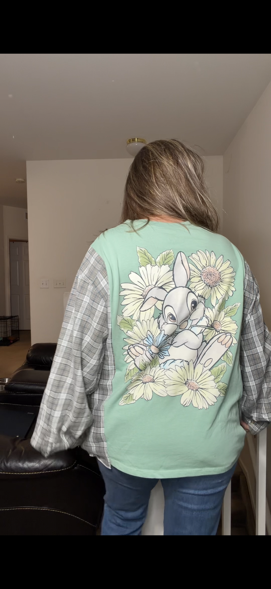 Upcycled Bambi - women's 1X T-shirt with flannel sleeves