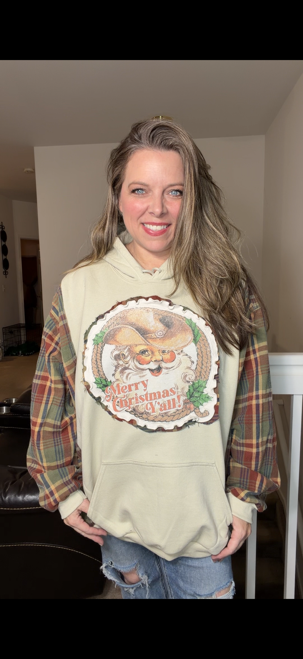 Upcycled y'all Santa – women's 4X midweight sweatshirt with flannel sleeves