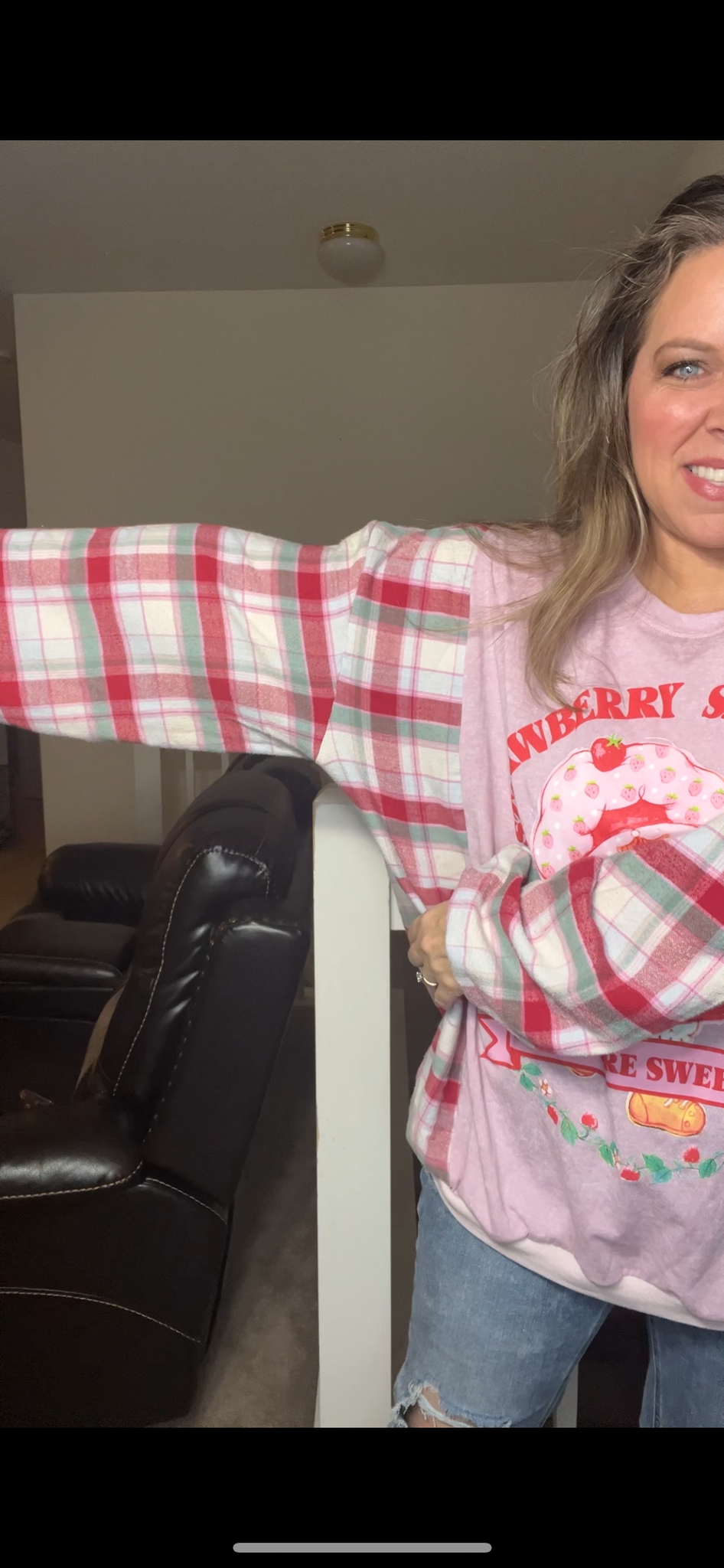 Upcycled Strawberry shortcake – women’s 2X/3X T-shirt with flannel sleeves