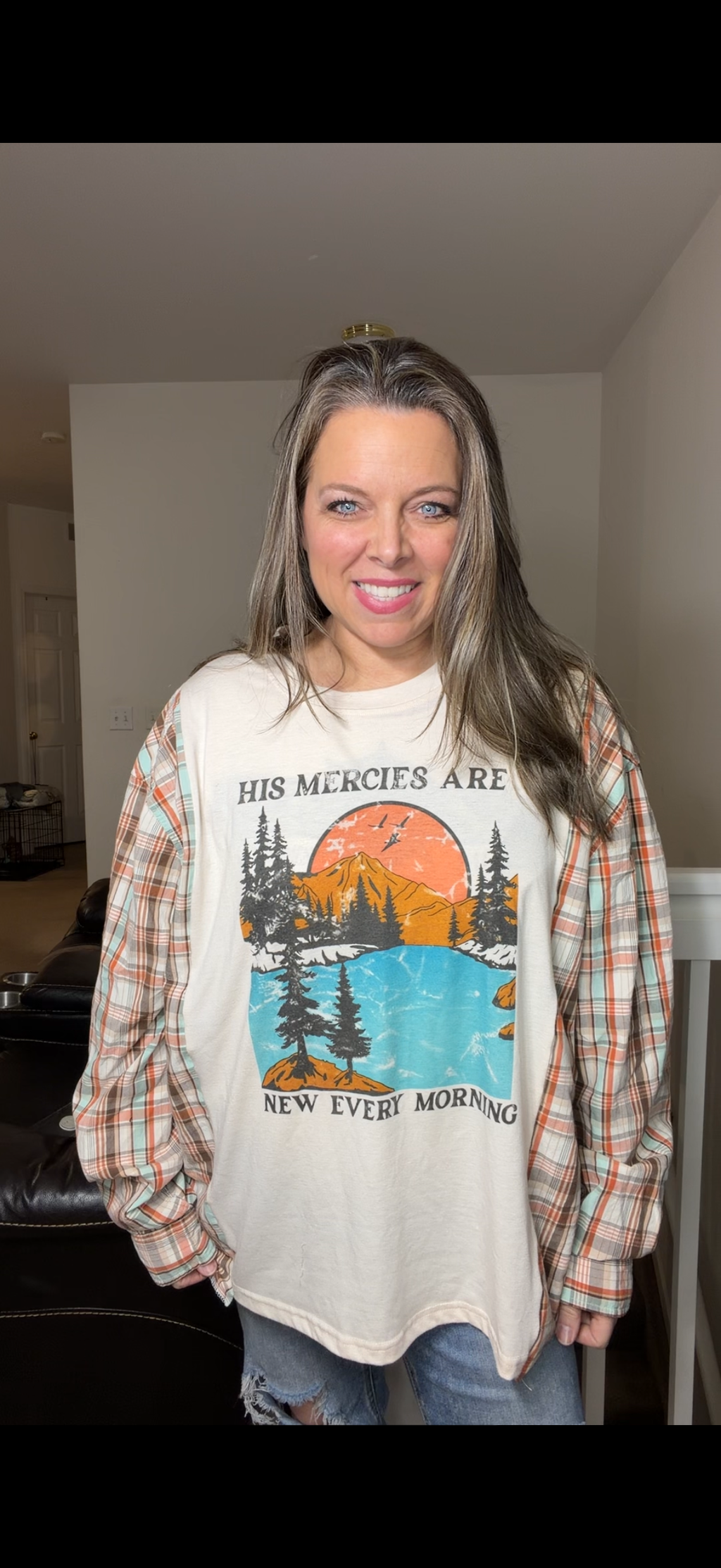 Upcycled His Mercies – women's 2X T-shirt with cotton sleeves