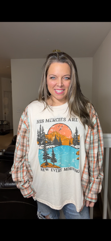 Upcycled His Mercies – women's 2X T-shirt with cotton sleeves