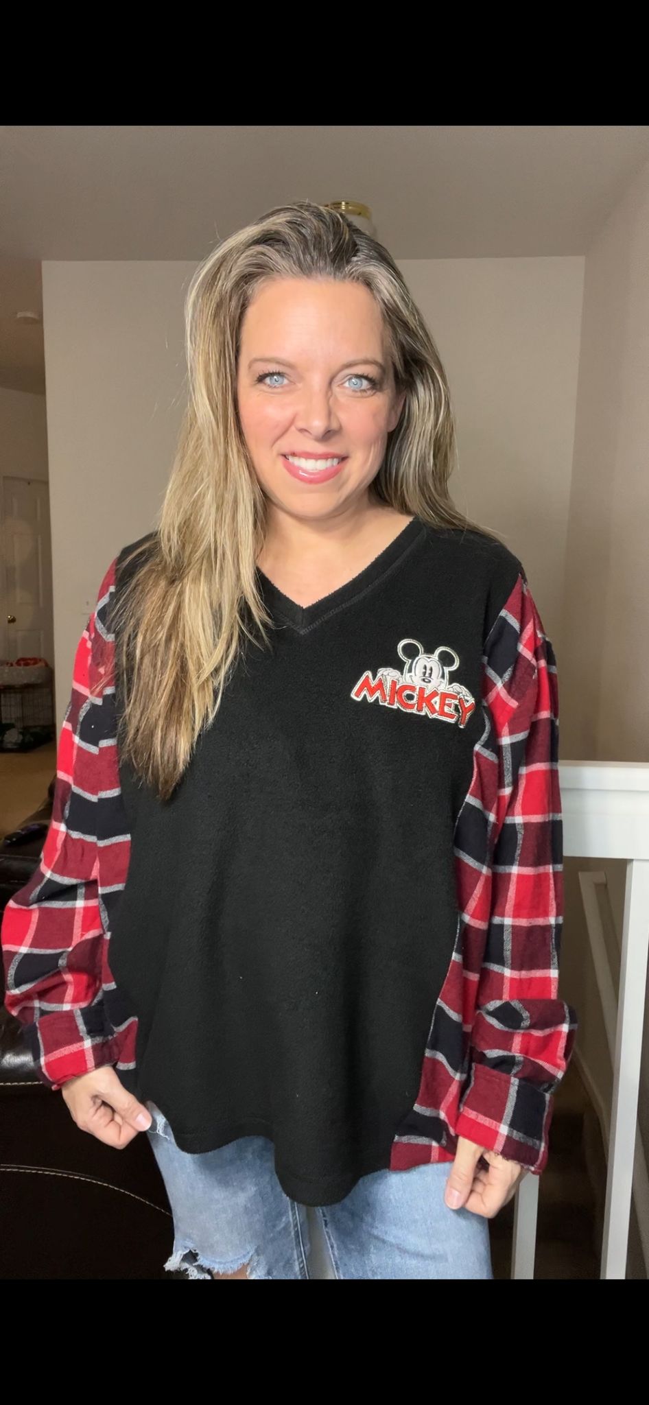 Upcycled Mickey – women’s 2X fuzzy sweatshirt with flannel sleeves