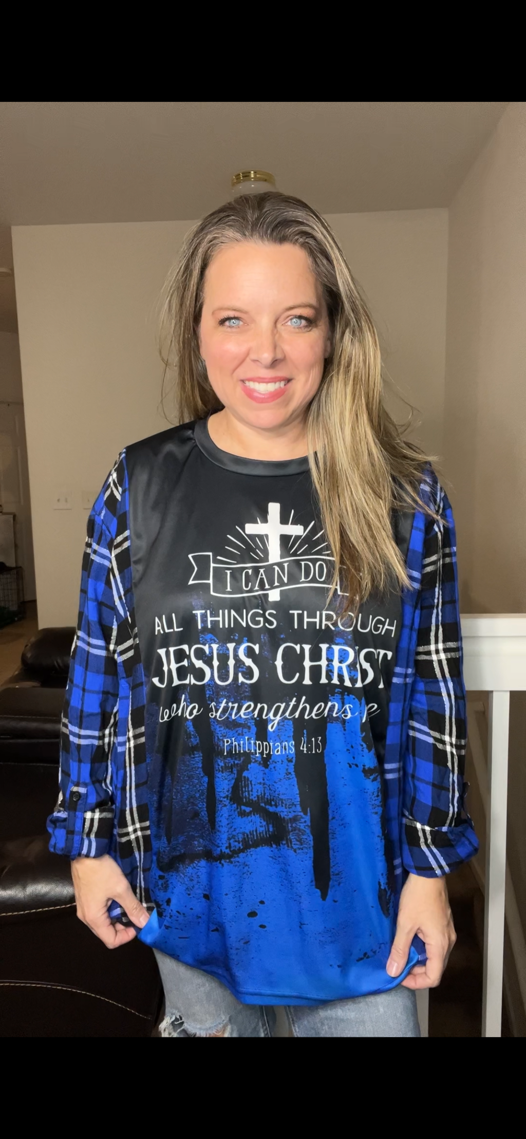 Upcycled Christ blue – women’s 1X dry fit T-shirt with tight thin flannel sleeves