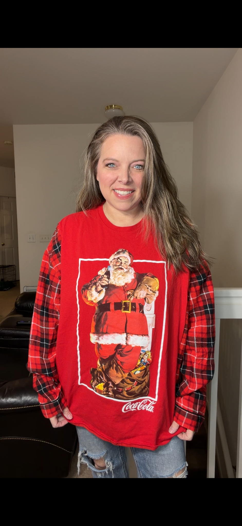 Upcycled Santa Coke – women's 3X T-shirt with flannel sleeves