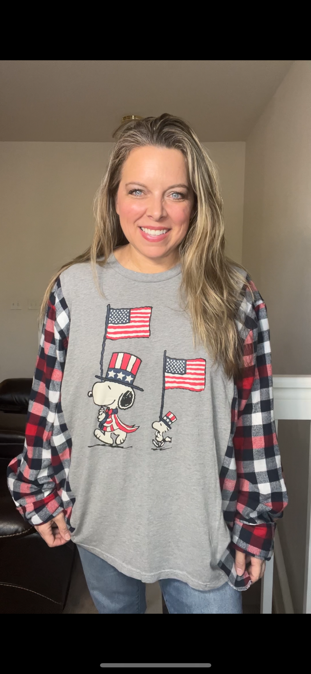 Upcycled Snoopy 4th - Women’s 2X T-shirt with flannel sleeves