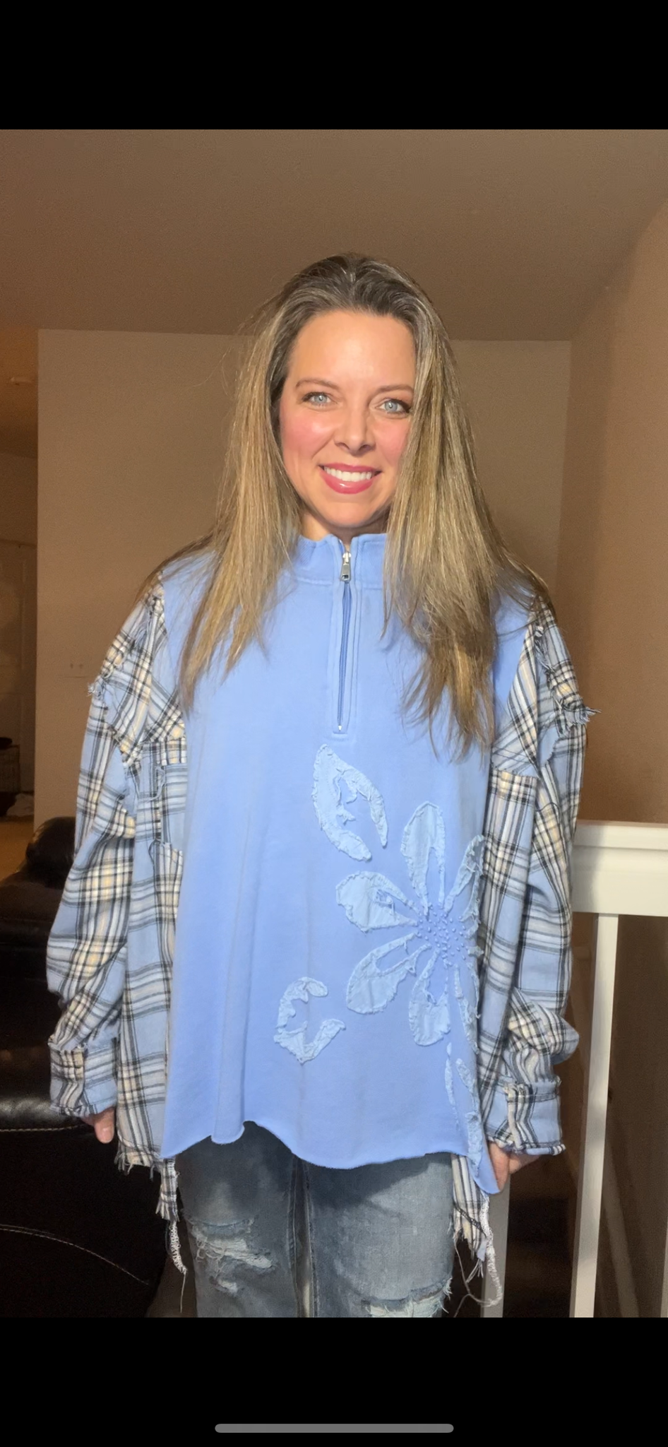 Upcycled Periwinkle - Women’s 3X/4X – French terry, midweight sweatshirt with flannel sleeves – bottom band can be added￼