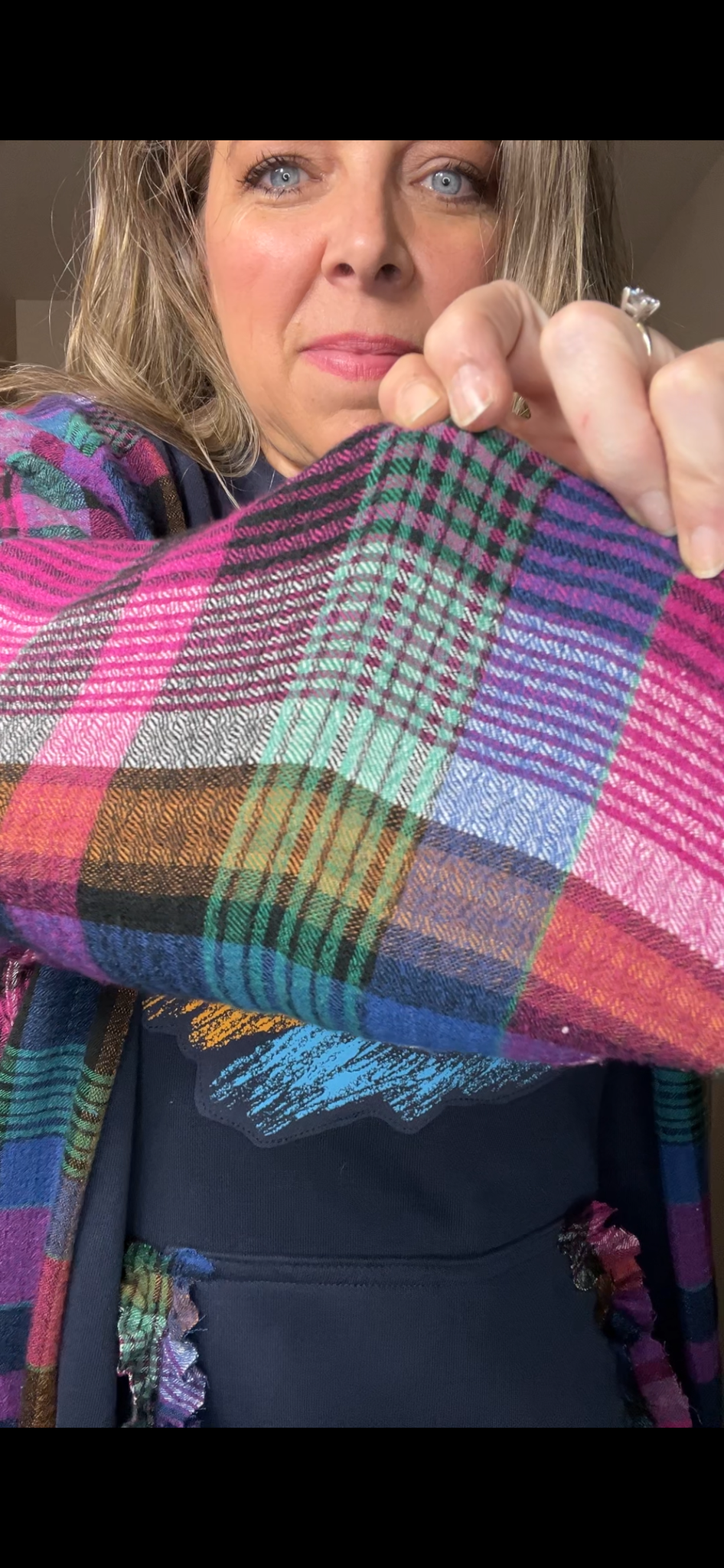 Upcycled Color – women’s 3X midweight sweatshirt with flannel sleeves