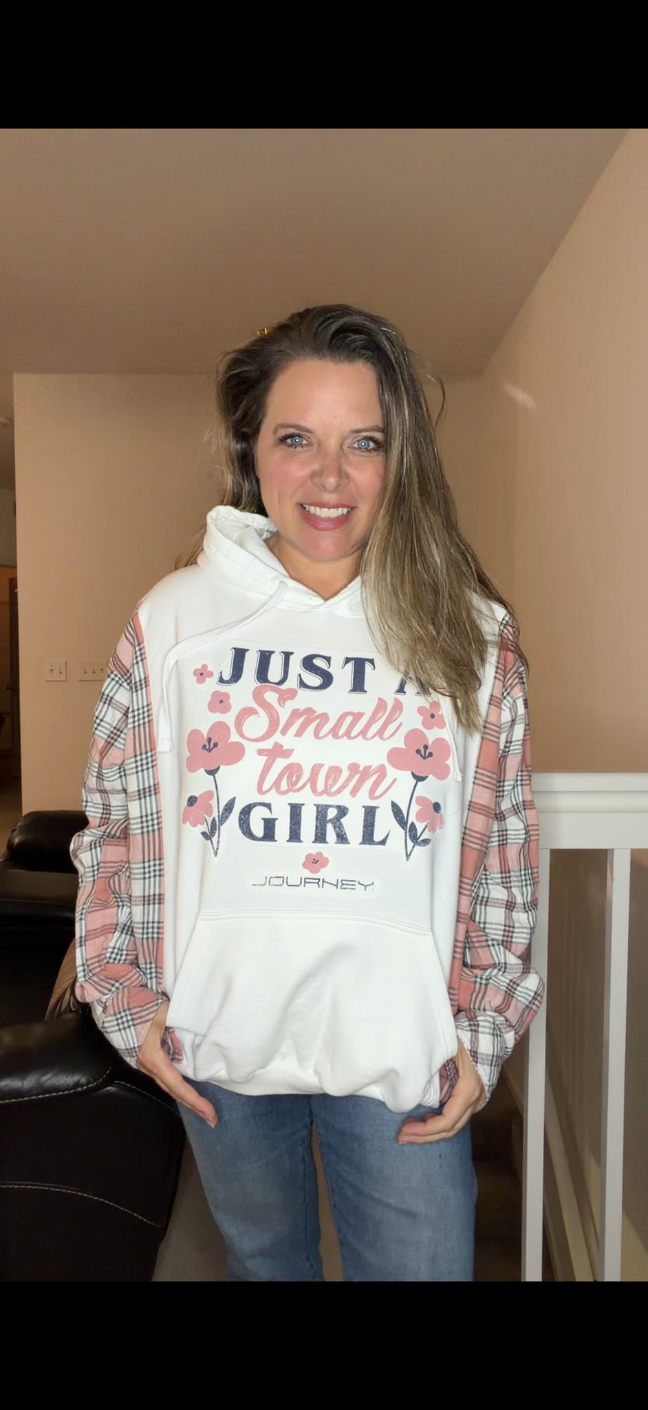 Upcycled Small Town - women's XL/1X midweight Sweatshirt with flannel sleeves