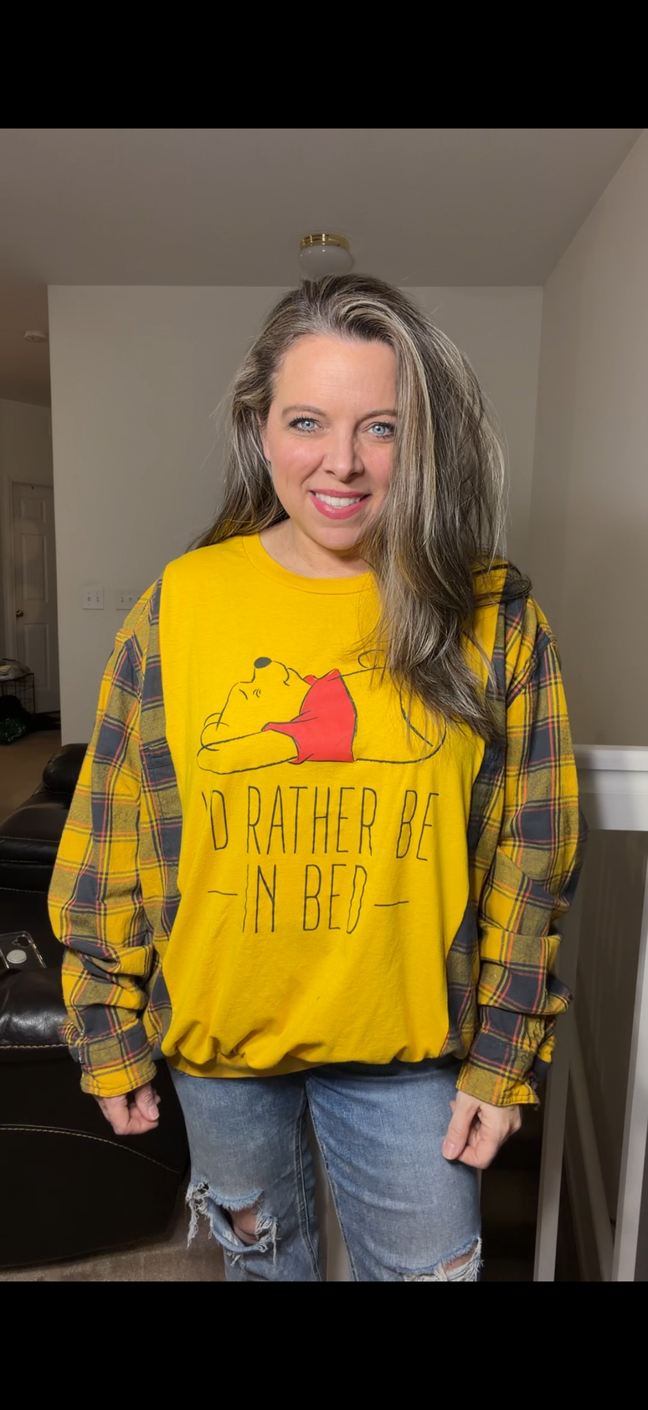 Upcycled Pooh Bed - women's 2X T-shirt with flannel sleeves ￼