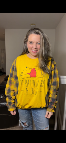 Upcycled Pooh Bed - women's 2X T-shirt with flannel sleeves ￼