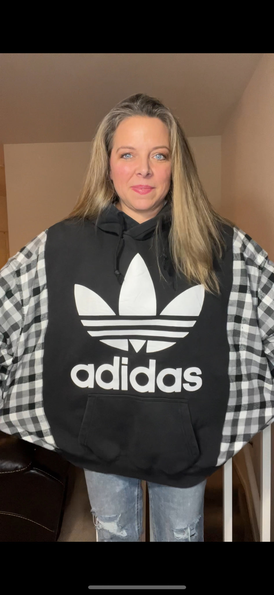 Upcycled Black Adidas – women’s 3X/4X – heavy thick sweatshirt with flannel sleeves