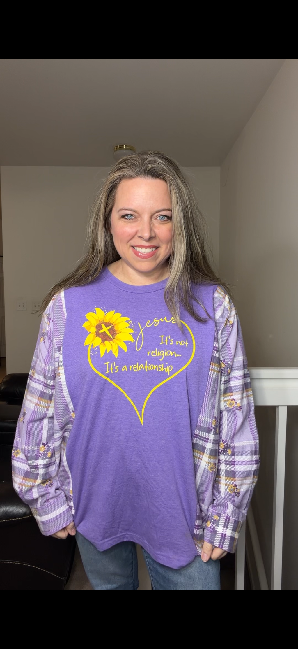 Upcycled Jesus - women's XL T-shirt with flannel sleeves