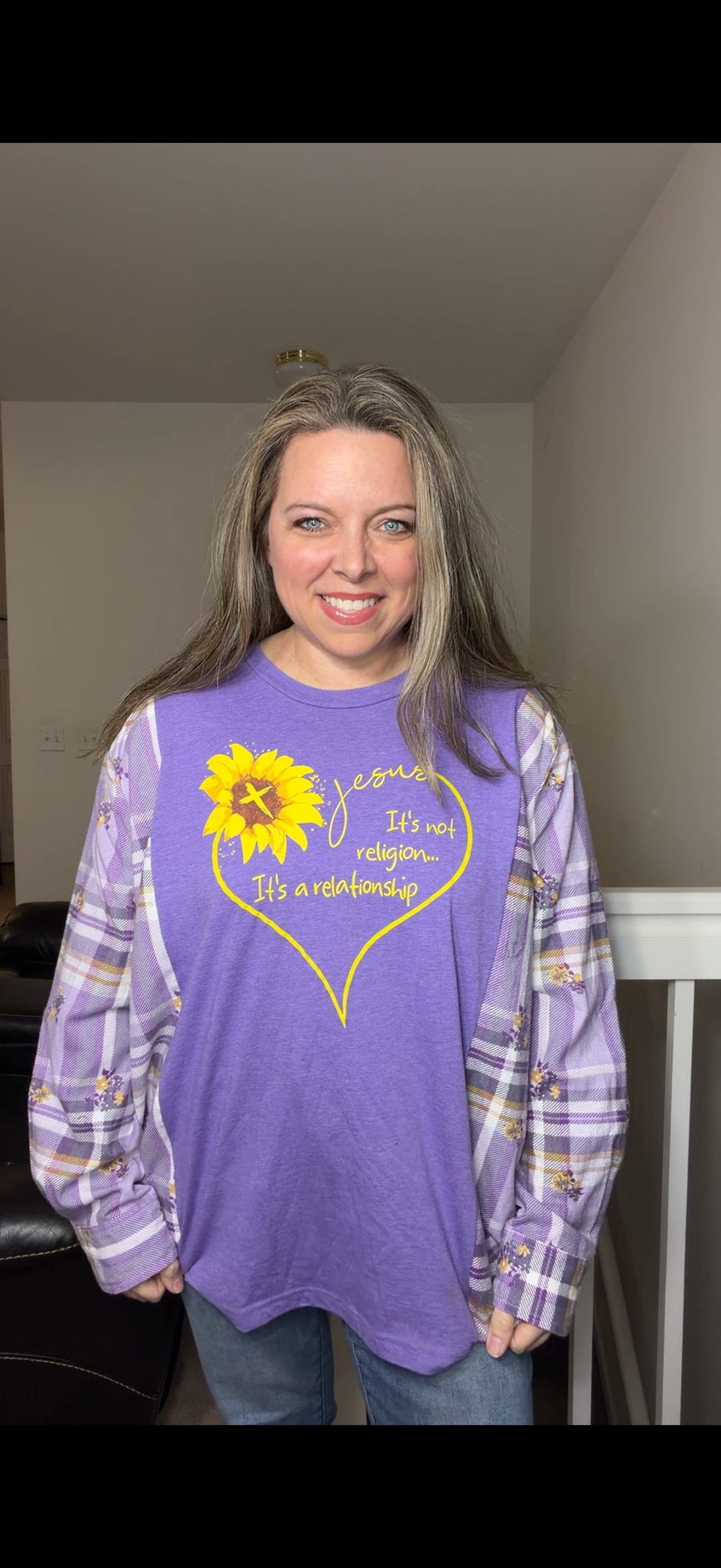 Upcycled Jesus - women's XL T-shirt with flannel sleeves